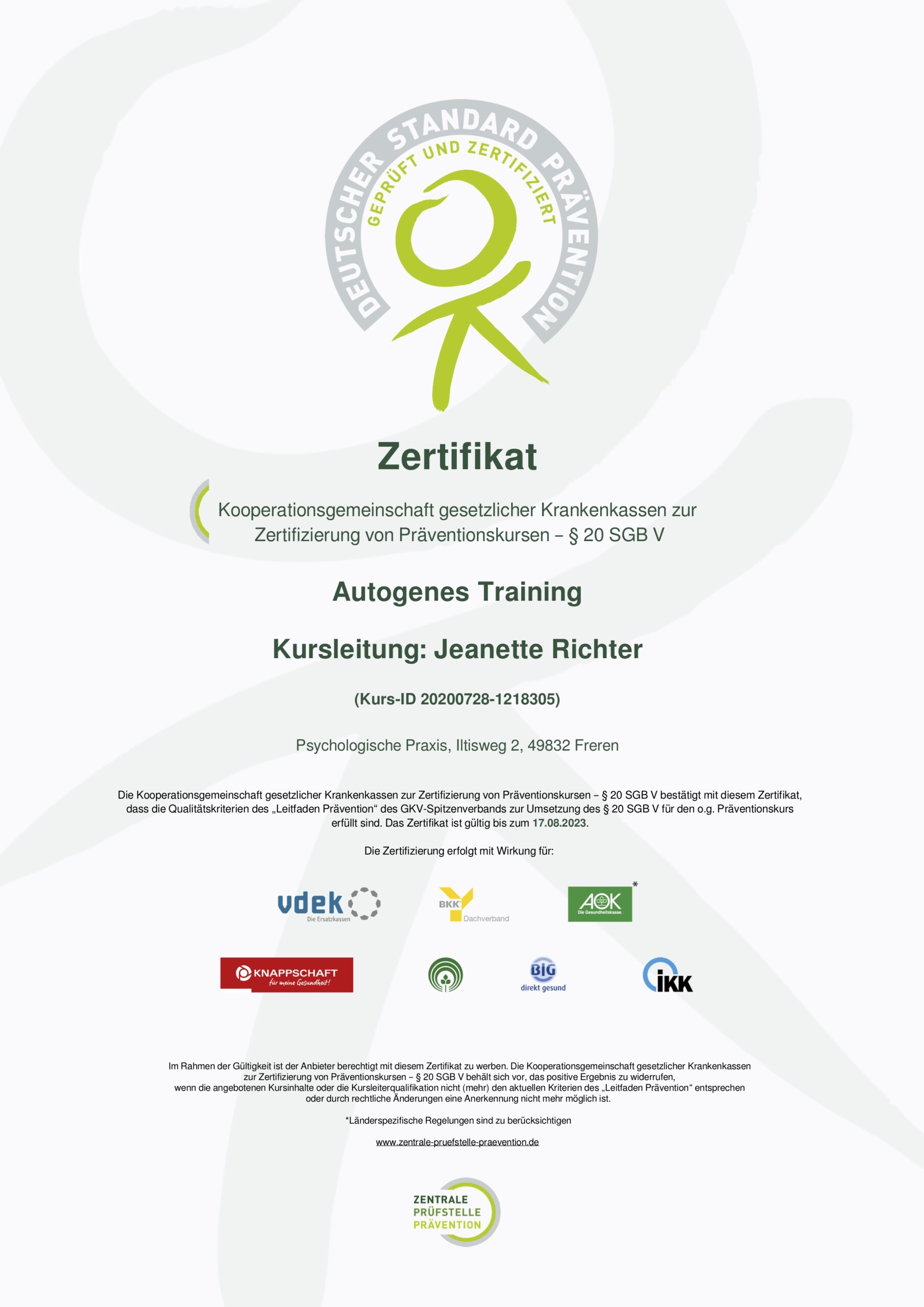 zertifikat Autogenes training Autogenes Training